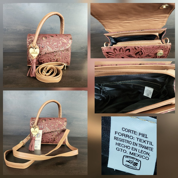 Red Wine Gold Sunflower Embossed Tooled Artisan LEATHER Crossbody bag Purse - Picture 15 of 15